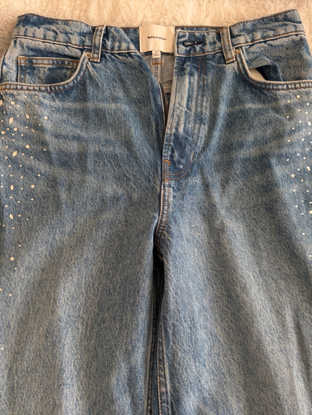 Reformation Light Blue Straight-Leg Jeans with White Speckle Accents